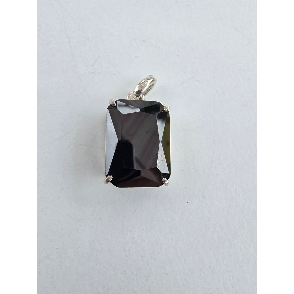 925 Sterling Silver Large Emerald Cut Black Onyx Faceted Rectangle Pendant